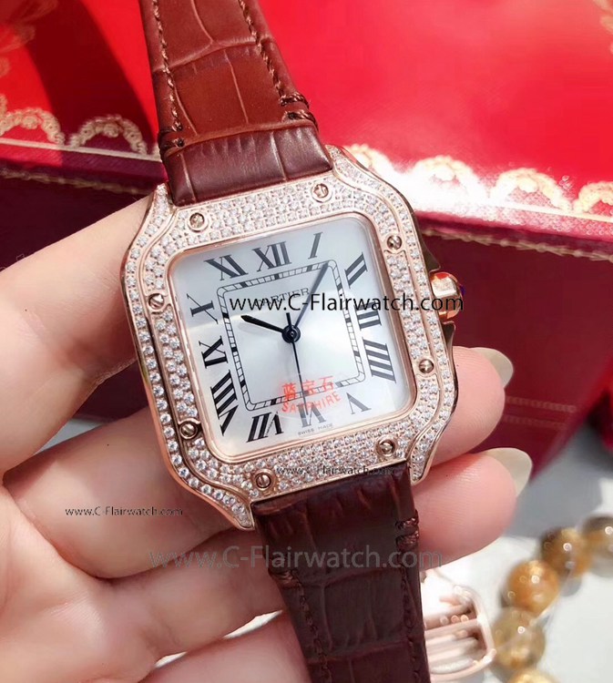 Copy Cartier Santos Rose Gold Leather Strap Watch - 2019 New